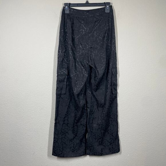 Cider XS Asymmetric Button Floral Brocade Wide Leg Cargo Pockets Pants Black - Picture 2 of 9